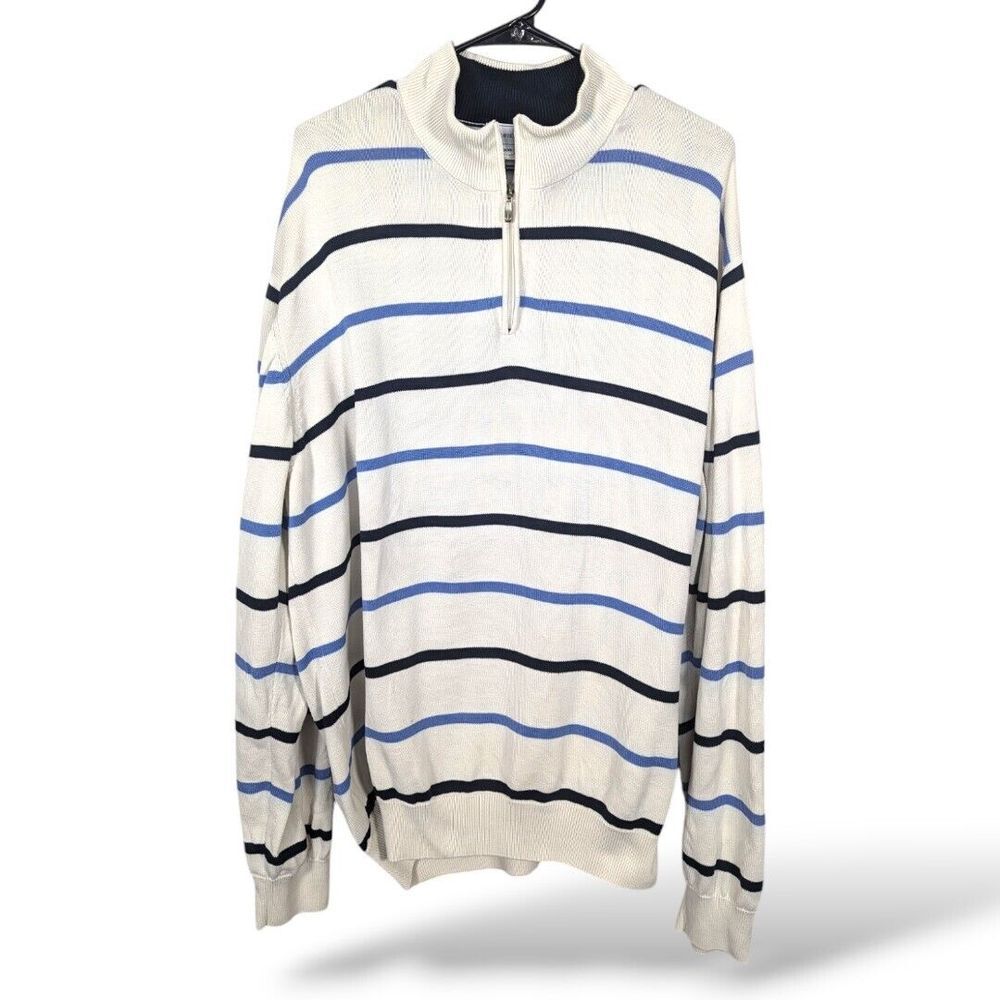 Maus & Hoffman Sweater Mens XXL Quarter‎ Zip Stripe Cotton Stripe Blue Cream